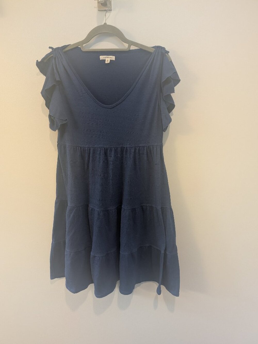 Max Studio Blue Tiered Ruffle Flutter Sleeve Babydoll Mini Dress (Medium)